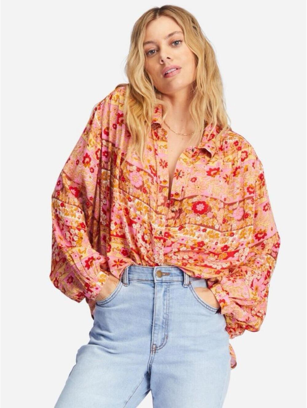 Billabong Womens Small Pink Floral Paisley Button Down Blouse Boho Oversized Top